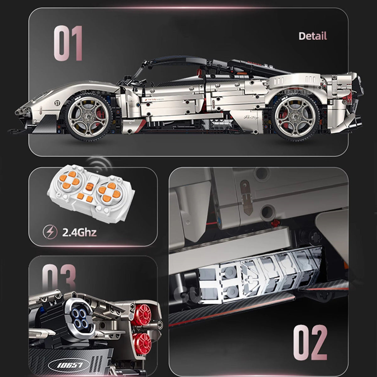 Guly 10657 Pagani Utopia RC – Details: Seitenansicht, Fernbedienung, Heck